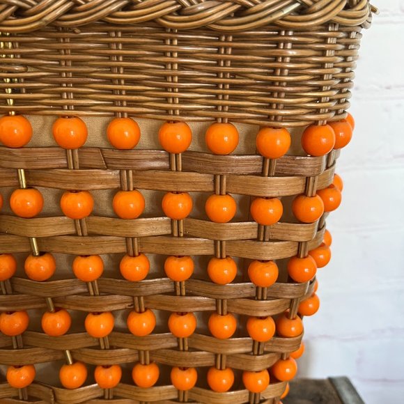 60's Straw & Beaded Tote Bag/Purse - Leather Handle - Boho - Mod - Coated Straw - Picture 3 of 9